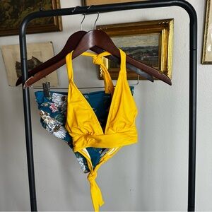 Cupshe Yellow Halter Bikini Top with Teal Floral Bottoms